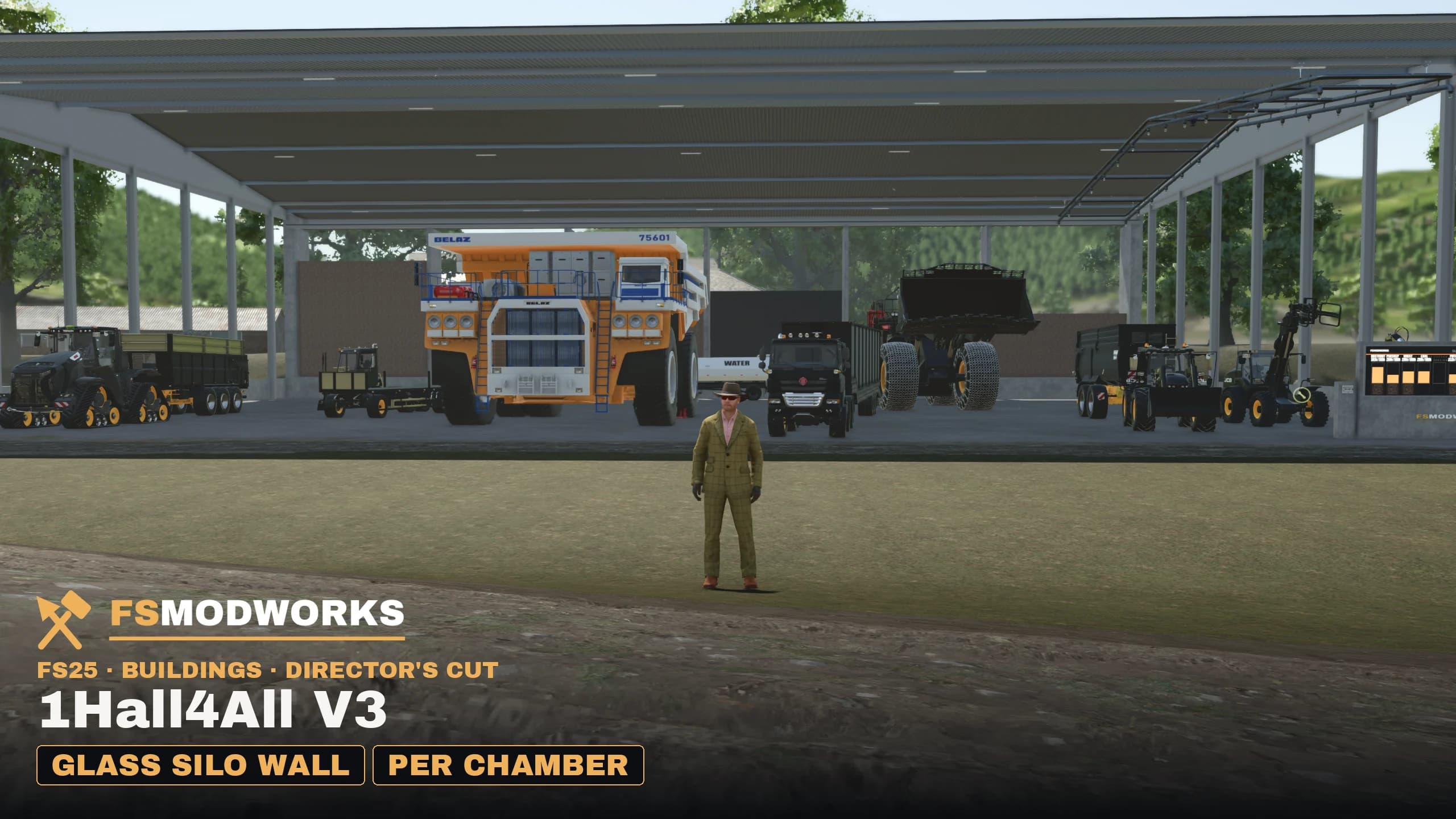 The V3 XL hall from the front after the update: a mining dump truck, tractors and trailers under the steel frame, the silo display on the right