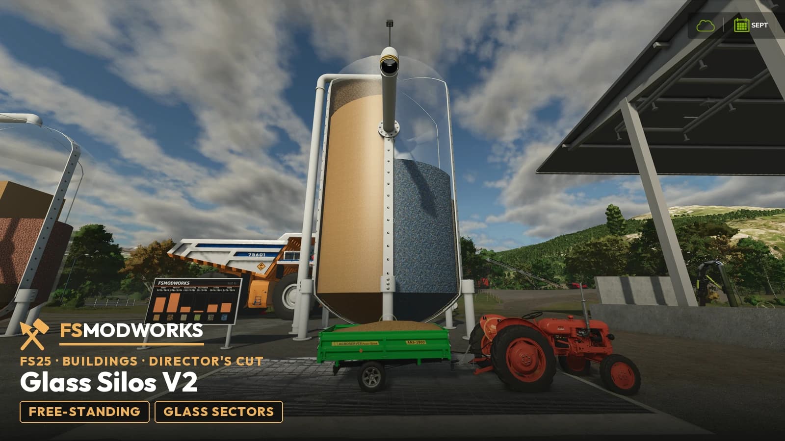 The XL glass silo tower in game, two sectors visibly filled, with the fill bar panel beside it